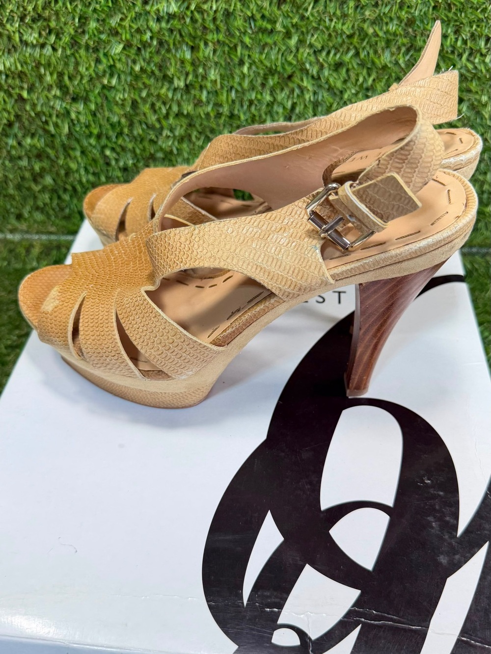 Nine West Whiala Natural Tan Textured Leather Platform Stiletto Heels ShoesSz 6M